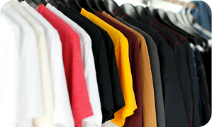 Colorful t-shirts on a clothing rack