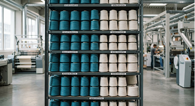 Yarn spools in textile warehouse